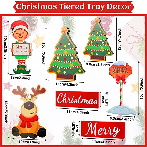 7 Pcs Christmas Tiered Tray Decor, Farmhouse Rustic Christmas Indoor Decorations Wooden Tiered Tray Xmas Tree Reindeer Elf Guidepost Merry Christmas Signs Set for Table Mantle Holiday Decor