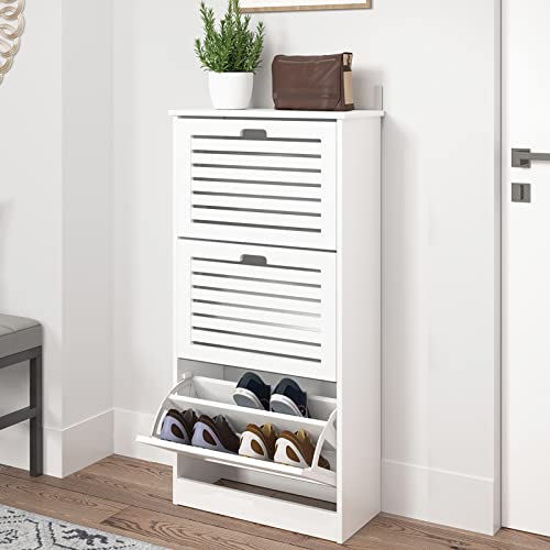 Sweiko Narrow Shoe Cabinet with 3 Flip Drawers Freestanding Shoe Cabinet Organizer with Hidden Handle Wooden Shoe Rack Storage Cabinet for Entryway Hallway Bedroom Living Room White