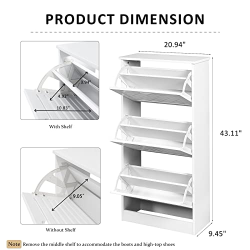 Sweiko Narrow Shoe Cabinet with 3 Flip Drawers Freestanding Shoe Cabinet Organizer with Hidden Handle Wooden Shoe Rack Storage Cabinet for Entryway Hallway Bedroom Living Room White