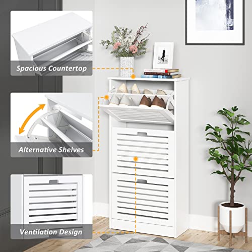 Sweiko Narrow Shoe Cabinet with 3 Flip Drawers Freestanding Shoe Cabinet Organizer with Hidden Handle Wooden Shoe Rack Storage Cabinet for Entryway Hallway Bedroom Living Room White