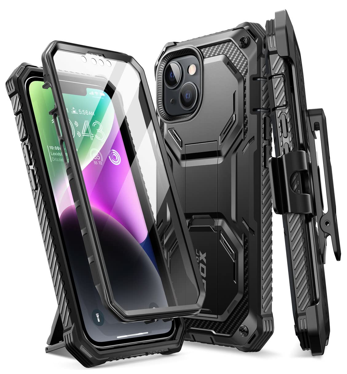 i-Blason Armorbox Designed for iPhone 14 Plus Case 6.7'', Full-Body Rugged Kickstand Holster Protective Bumper Case with Built-in Screen Protector (Black)