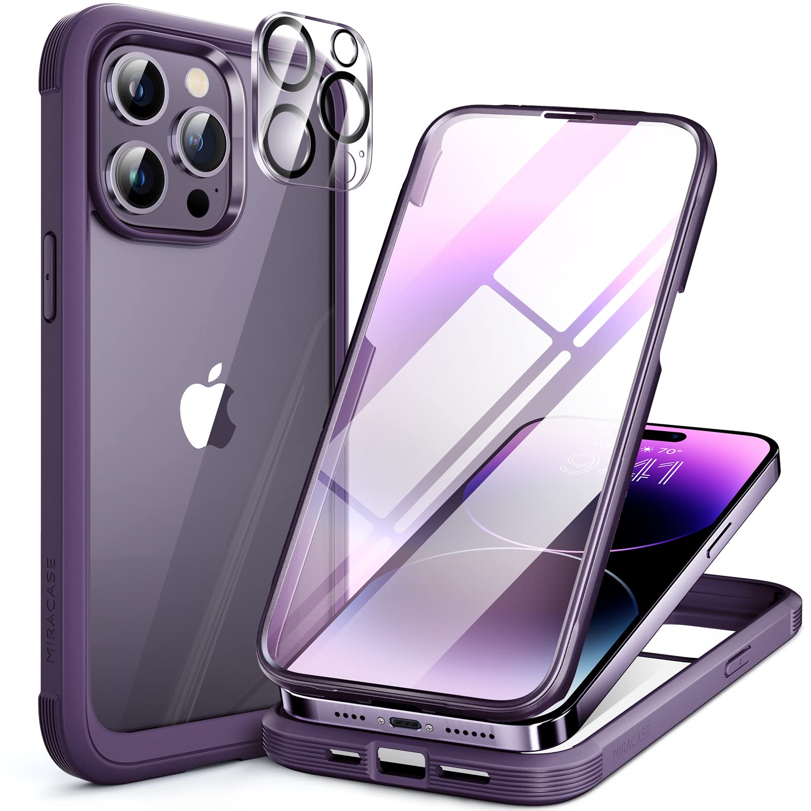 Miracase Glass Series Designed for iPhone 14 Pro Max Case 6.7 Inch, 2023 Upgrade Full-Body Bumper Case with Built-in 9H Tempered Glass Screen Protector with Camera Lens Protector, Noble Purple