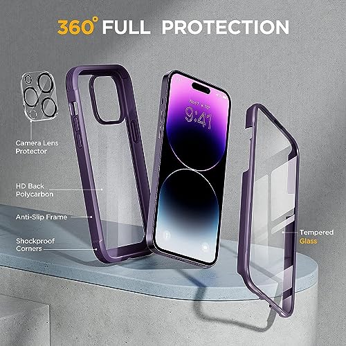 Miracase Glass Series for iPhone 14 Pro Case 6.1 Inch, 2023 Full-Body Clear Bumper Case with Built-in 9H Tempered Glass Screen Protector, with Camera Lens Protector (Noble Purple)