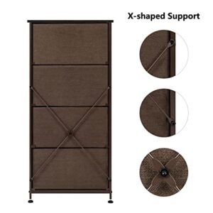 4 Drawer Fabric Storage Organizer, Wood Top Storage Tower, 4 Drawer Closet Storage Dresser Furniture Unit, Linen Fabric Organizer for Bedroom, Closet, Entryway, Hallway, Brown