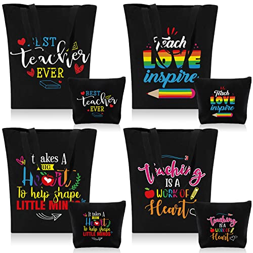 Oudain 8 Pcs Teacher Appreciation Gifts for Women Canvas Teacher Bag Teacher Tote Bag Cosmetic Toiletry Canvas Makeup Bags with Zipper for Teacher Birthday Christmas Farewell Parties