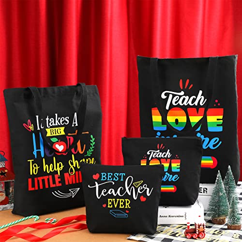 Oudain 8 Pcs Teacher Appreciation Gifts for Women Canvas Teacher Bag Teacher Tote Bag Cosmetic Toiletry Canvas Makeup Bags with Zipper for Teacher Birthday Christmas Farewell Parties