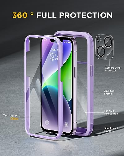 Miracase Glass Series Designed for iPhone 14 Plus Phone Case 6.7 inch, 2023 Upgrade Full-Body Clear Bumper Case with Built-in 9H Tempered Glass Screen Protector and Camera Lens Protector,Purple