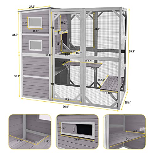 Aivituvin Large Cat Catio 4 Tiers Cat Enclosures House for Outdoor Indoor Cats with Weatherproof Roof, 3 Resting Rooms, 3 Platforms, 5 Windows 70" H 77" L