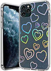 ceokok compatible with iphone 11 pro max case glitter clear with design laser holographic heart love sparkly cute bling hard pc & soft tpu shockproof protective phone cover for women girls