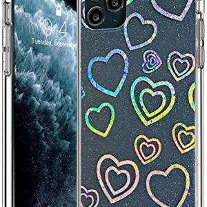 CEOKOK Compatible with iPhone 11 Pro Max Case Glitter Clear with Design Laser Holographic Heart Love Sparkly Cute Bling Hard PC & Soft TPU Shockproof Protective Phone Cover for Women Girls