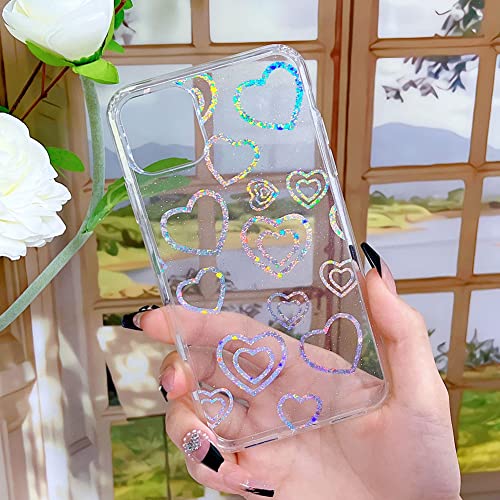 CEOKOK Compatible with iPhone 11 Pro Max Case Glitter Clear with Design Laser Holographic Heart Love Sparkly Cute Bling Hard PC & Soft TPU Shockproof Protective Phone Cover for Women Girls