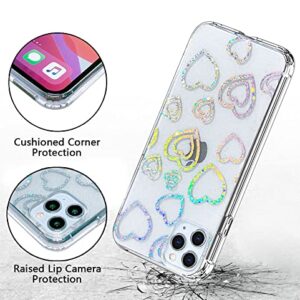 CEOKOK Compatible with iPhone 11 Pro Max Case Glitter Clear with Design Laser Holographic Heart Love Sparkly Cute Bling Hard PC & Soft TPU Shockproof Protective Phone Cover for Women Girls