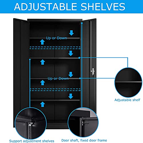Rophefx 2 Doors Metal Storage Cabinet, Tall Locking Storage Cabinet with 4 Adjustable Shelves for Warehouse, Garage, Home Office, Black