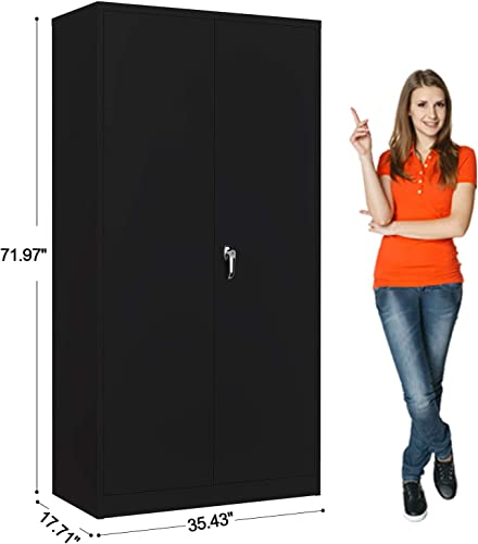 Rophefx 2 Doors Metal Storage Cabinet, Tall Locking Storage Cabinet with 4 Adjustable Shelves for Warehouse, Garage, Home Office, Black