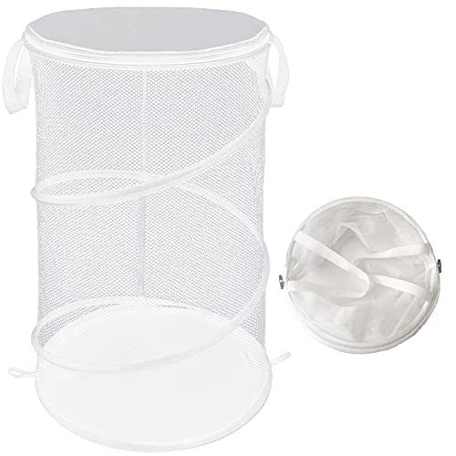 Qtopun Mesh Popup Laundry Hamper With Cover, Foldable Portable Cylindrical Dirty Clothes Basket for Bedroom, Kids Room, College Dormitory and Travel — White