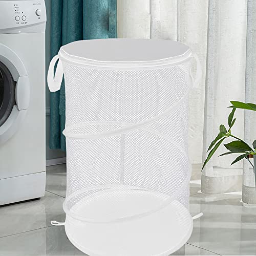 Qtopun Mesh Popup Laundry Hamper With Cover, Foldable Portable Cylindrical Dirty Clothes Basket for Bedroom, Kids Room, College Dormitory and Travel — White