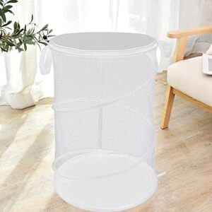 Qtopun Mesh Popup Laundry Hamper With Cover, Foldable Portable Cylindrical Dirty Clothes Basket for Bedroom, Kids Room, College Dormitory and Travel — White