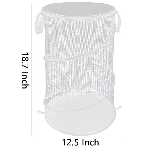 Qtopun Mesh Popup Laundry Hamper With Cover, Foldable Portable Cylindrical Dirty Clothes Basket for Bedroom, Kids Room, College Dormitory and Travel — White