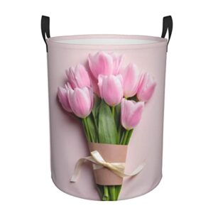 pretty pink tulip flower laundry basket for women teens girls room, large collapsible floral print laundry hamper dirty clothes bag with handles washing storage bin for clothes toys bedroom bathroom