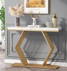 tribesigns 42 inches modern gold console table with geometric metal base, white faux marble narrow entryway table foyer table for entrance, living room, hallway, entryway