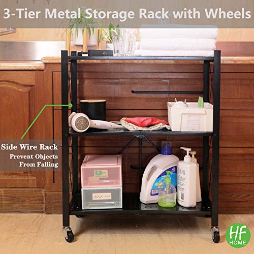 HFHOME 3 Tier Freestanding Metal Storage Rack Foldable Rack, Perforated Sheet Layer Storage Shelving Unit with Wheels for Kitchen Garage Collapsible Heavy Duty Organizer Shelves, Black