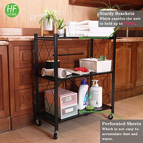 HFHOME 3 Tier Freestanding Metal Storage Rack Foldable Rack, Perforated Sheet Layer Storage Shelving Unit with Wheels for Kitchen Garage Collapsible Heavy Duty Organizer Shelves, Black