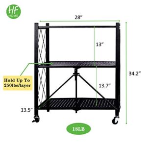 HFHOME 3 Tier Freestanding Metal Storage Rack Foldable Rack, Perforated Sheet Layer Storage Shelving Unit with Wheels for Kitchen Garage Collapsible Heavy Duty Organizer Shelves, Black