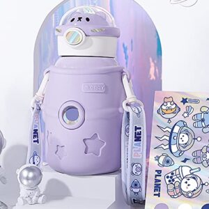 jqwsve kawaii water bottle cute stainless steel with straw and stickers, vacuum insulated cartoon astronaut thermos carrier holder for boys girls (500ml) purple
