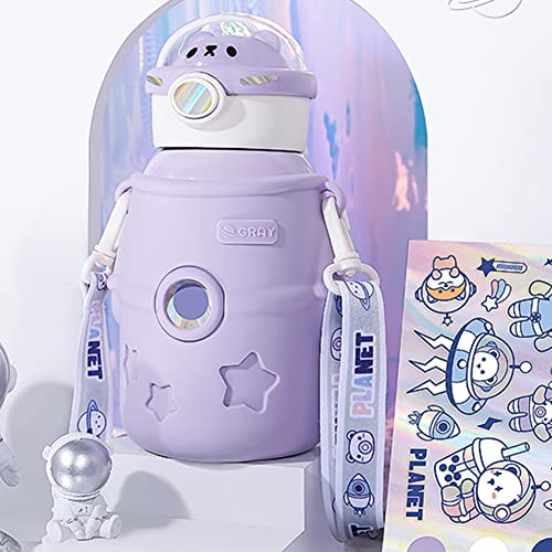 JQWSVE Kawaii Water Bottle Cute Stainless Steel with Straw and Stickers, Vacuum Insulated Cartoon Astronaut Thermos Carrier Holder for Boys Girls (500ml) Purple