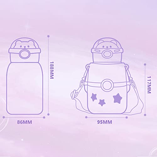 JQWSVE Kawaii Water Bottle Cute Stainless Steel with Straw and Stickers, Vacuum Insulated Cartoon Astronaut Thermos Carrier Holder for Boys Girls (500ml) Purple