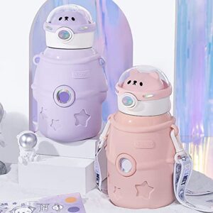 JQWSVE Kawaii Water Bottle Cute Stainless Steel with Straw and Stickers, Vacuum Insulated Cartoon Astronaut Thermos Carrier Holder for Boys Girls (500ml) Purple