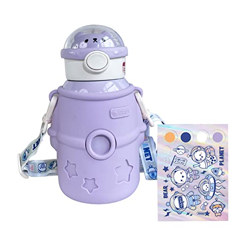 JQWSVE Kawaii Water Bottle Cute Stainless Steel with Straw and Stickers, Vacuum Insulated Cartoon Astronaut Thermos Carrier Holder for Boys Girls (500ml) Purple