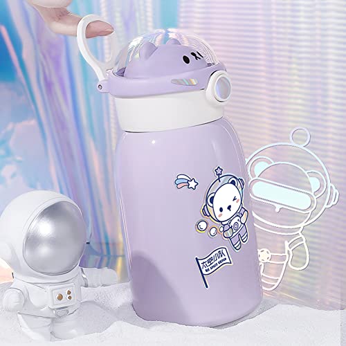 JQWSVE Kawaii Water Bottle Cute Stainless Steel with Straw and Stickers, Vacuum Insulated Cartoon Astronaut Thermos Carrier Holder for Boys Girls (500ml) Purple