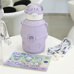 JQWSVE Kawaii Water Bottle Cute Stainless Steel with Straw and Stickers, Vacuum Insulated Cartoon Astronaut Thermos Carrier Holder for Boys Girls (500ml) Purple
