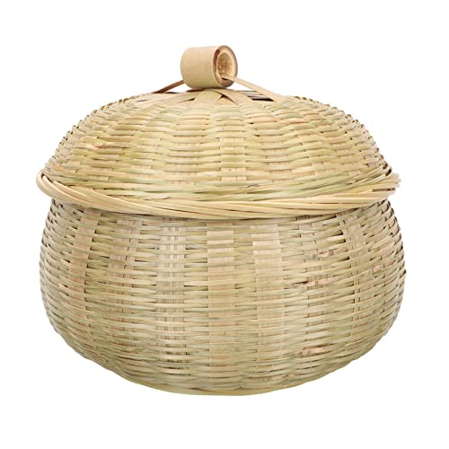 DOITOOL Woven Basket Wicker Storage Basket with Lid Round Waste Basket Seagrass Rattan Baskets Woven Storage Bins Wooden Picnic Basket Laundry Hamper Container Bamboo- Woven Basket