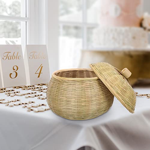 DOITOOL Woven Basket Wicker Storage Basket with Lid Round Waste Basket Seagrass Rattan Baskets Woven Storage Bins Wooden Picnic Basket Laundry Hamper Container Bamboo- Woven Basket