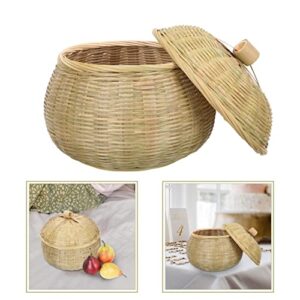 DOITOOL Woven Basket Wicker Storage Basket with Lid Round Waste Basket Seagrass Rattan Baskets Woven Storage Bins Wooden Picnic Basket Laundry Hamper Container Bamboo- Woven Basket