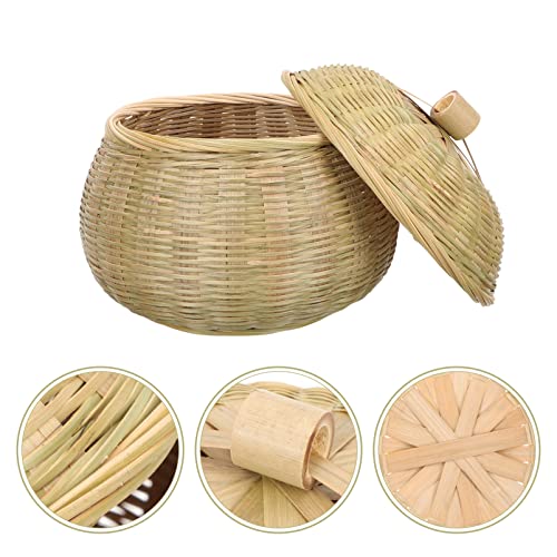 DOITOOL Woven Basket Wicker Storage Basket with Lid Round Waste Basket Seagrass Rattan Baskets Woven Storage Bins Wooden Picnic Basket Laundry Hamper Container Bamboo- Woven Basket