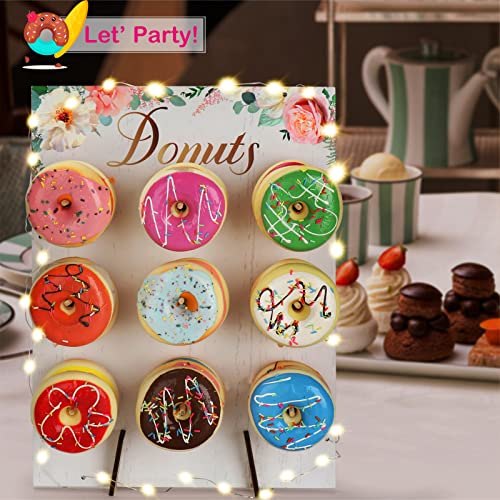 Donut Wall Stand with String Lights, Large Capacity Divava Reusable Donut Board Display for Parties, Wood Donut Party Decorations for Christmas parties, Baby Showers, Wedding, Great Gift for Christmas