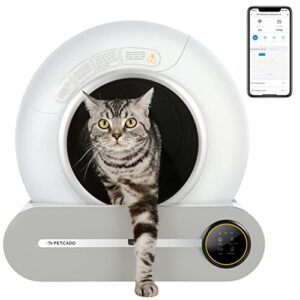 self-cleaning cat litter box, automatic cat litter box petcado 24h for no scooping with app control, odor removal, safe lock, litter mat, quiet for multiple cats and all kinds of clumping cat litter
