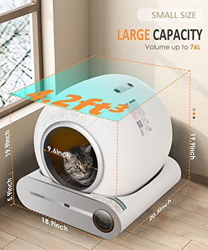 Self-Cleaning Cat Litter Box, Automatic Cat Litter Box PETCADO 24H for No Scooping with APP Control, Odor Removal, Safe Lock, Litter Mat, Quiet for Multiple Cats and All Kinds of Clumping Cat Litter