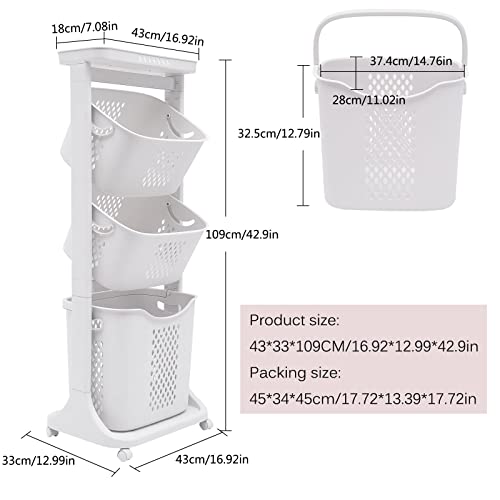 3 Layer Laundry Hamper Basket Sorter Wash Clothes Storage Organizer Rolling Cart With pulleys, used in the bathroom bedroom to store dirty clothes clothes basket