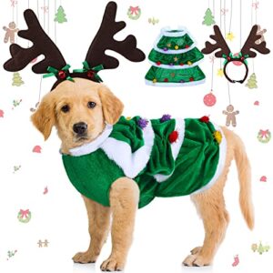 2 pieces christmas dog costume outfit reindeer dog costume with green xmas tree clothes and elk reindeer antler headband, warm winter puppy coat deer headwear for christmas pet party (medium)