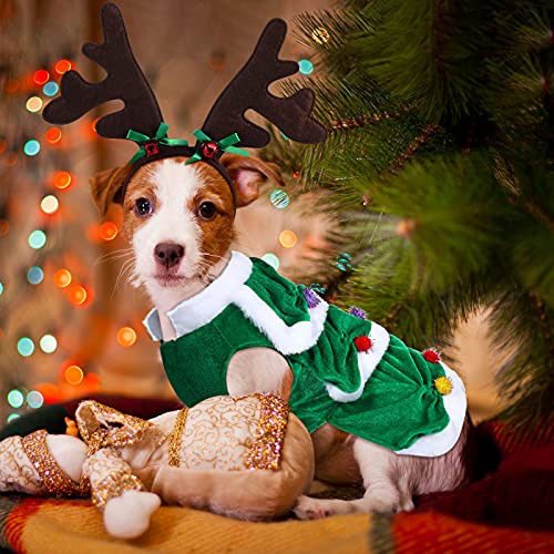 2 Pieces Christmas Dog Costume Outfit Reindeer Dog Costume with Green Xmas Tree Clothes and Elk Reindeer Antler Headband, Warm Winter Puppy Coat Deer Headwear for Christmas Pet Party (Medium)