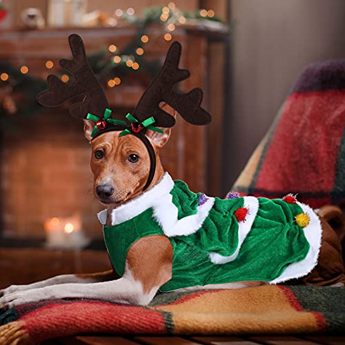 2 Pieces Christmas Dog Costume Outfit Reindeer Dog Costume with Green Xmas Tree Clothes and Elk Reindeer Antler Headband, Warm Winter Puppy Coat Deer Headwear for Christmas Pet Party (Medium)