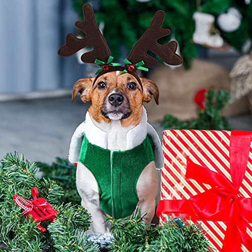 2 Pieces Christmas Dog Costume Outfit Reindeer Dog Costume with Green Xmas Tree Clothes and Elk Reindeer Antler Headband, Warm Winter Puppy Coat Deer Headwear for Christmas Pet Party (Medium)