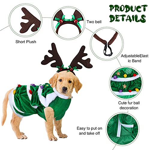 2 Pieces Christmas Dog Costume Outfit Reindeer Dog Costume with Green Xmas Tree Clothes and Elk Reindeer Antler Headband, Warm Winter Puppy Coat Deer Headwear for Christmas Pet Party (Medium)