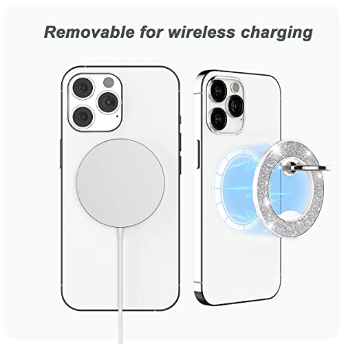 Magnetic Phone Ring Holder for magsafe,DATIMIRA Glitter Magnetic Grip Compatible with iPhone 15 14 13 12 Pro max,Pro,Plus,Mini Mag Safe Accessories,Adjustable Kickstand Wireless Charging,Silver