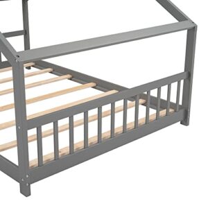 P PURLOVE Full Size House Bed for Kids, Teens,Wood Platform Bed with Headboard and Footboard,Toddlers House Floor Bed with Roof and Slat, No Box Spring Need,Espresso Bed Frame,Gray Bed Frame