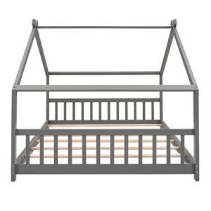 P PURLOVE Full Size House Bed for Kids, Teens,Wood Platform Bed with Headboard and Footboard,Toddlers House Floor Bed with Roof and Slat, No Box Spring Need,Espresso Bed Frame,Gray Bed Frame